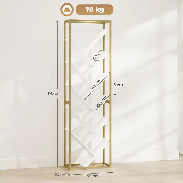 HOMCOM 10 Shelf Modern-Style Bookshelf - Gold Tone/White - 3