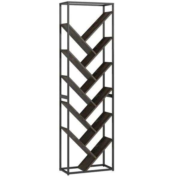 HOMCOM 10 Shelf Industrial-Style Bookshelf - Black/Grey - 1