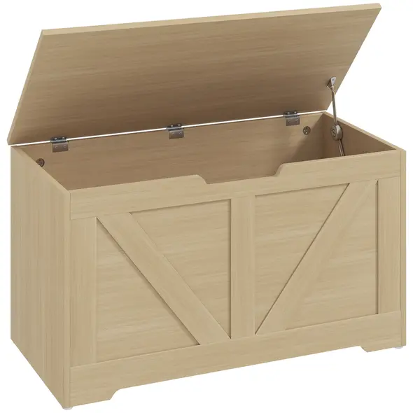 HOMCOM 100L Home Storage Box, with Safety Hinges - Natural Wood Finish - 1