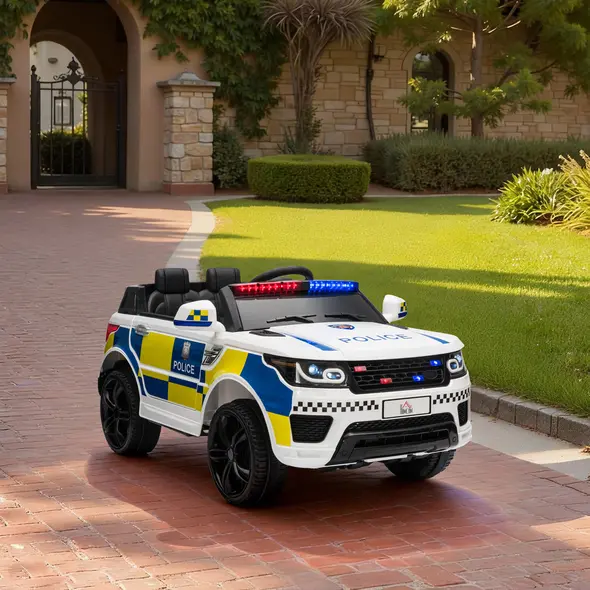 HOMCOM 12V Electric Car for Kids, Ride on Police Car with 2 Motors, Remote Control, Siren Flashing Lights, Suspension, USB, Auxiliary Wheels, Pull handle, for 3-6 Years, White - 2