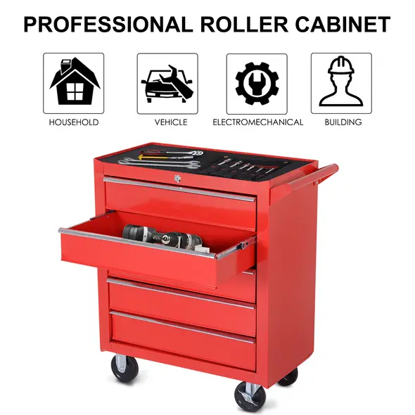 DURHAND 5-Drawer Lockable Tool Storage Cabinet with Wheels, Handle, 2 Keys, Steel Home Work DIY Workshop Chest, Garage Equipment Trolley, Red - 6