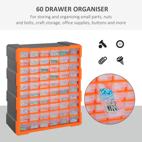DURHAND 60 Drawers Parts Organiser Wall Mount Storage Cabinet Garage Small Nuts Bolts Tools Clear Orange - 6