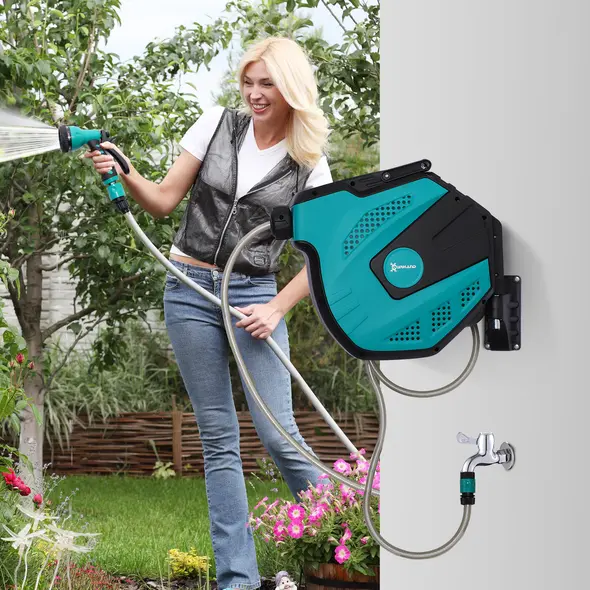 DURHAND 15m Garden Auto Hose Reel Wall Mounted Retractable 7 Patterns Spray Nozzle - 2