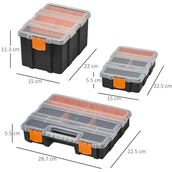 DURHAND Set Of 4 Plastic DIY Tool Storage Boxes w/ Inside Dividers Locking Lids Home Garage Organisation Stacking Arts Crafts Bolts Black Orange - 3