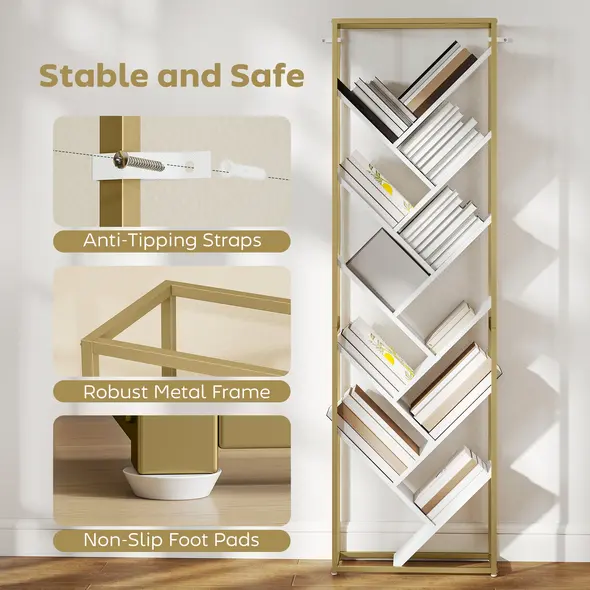 HOMCOM 10 Shelf Modern-Style Bookshelf - Gold Tone/White - 7