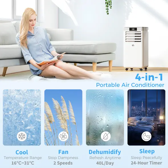 HOMCOM 10000 BTU Air Conditioning Unit, 4-in-1 Portable Air Conditioner, Dehumidifier, Cooling, Fan, Sleep Mode, with Remote Control, LED Display, 2 Speeds, 24H Timer, Window Venting Kit, 22m² - 4