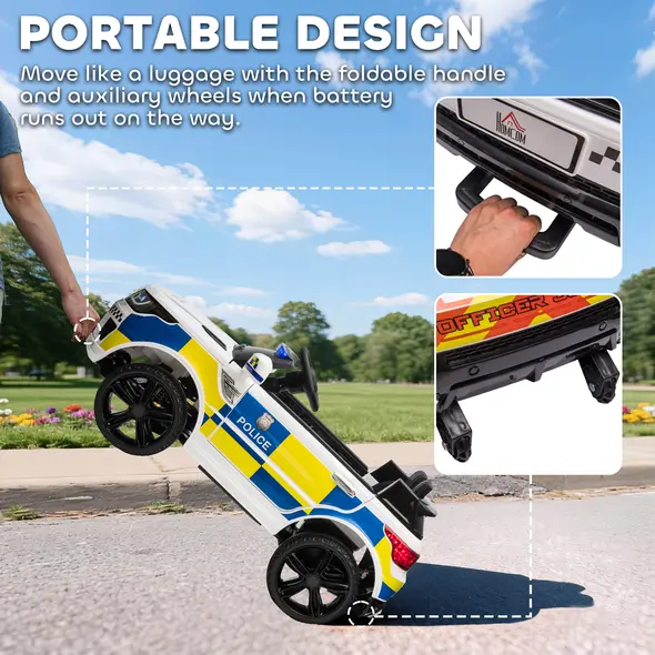 HOMCOM 12V Electric Car for Kids, Ride on Police Car with 2 Motors, Remote Control, Siren Flashing Lights, Suspension, USB, Auxiliary Wheels, Pull handle, for 3-6 Years, White - 5