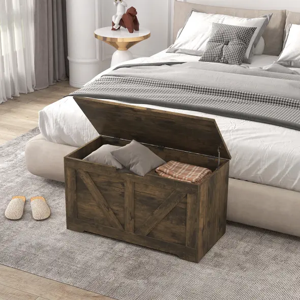 HOMCOM 100L Home Storage Box, with Safety Hinges - Rustic Brown - 8