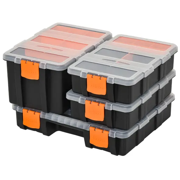 DURHAND Set Of 4 Plastic DIY Tool Storage Boxes w/ Inside Dividers Locking Lids Home Garage Organisation Stacking Arts Crafts Bolts Black Orange - 1