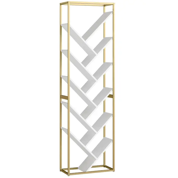 HOMCOM 10 Shelf Modern-Style Bookshelf - Gold Tone/White - 1