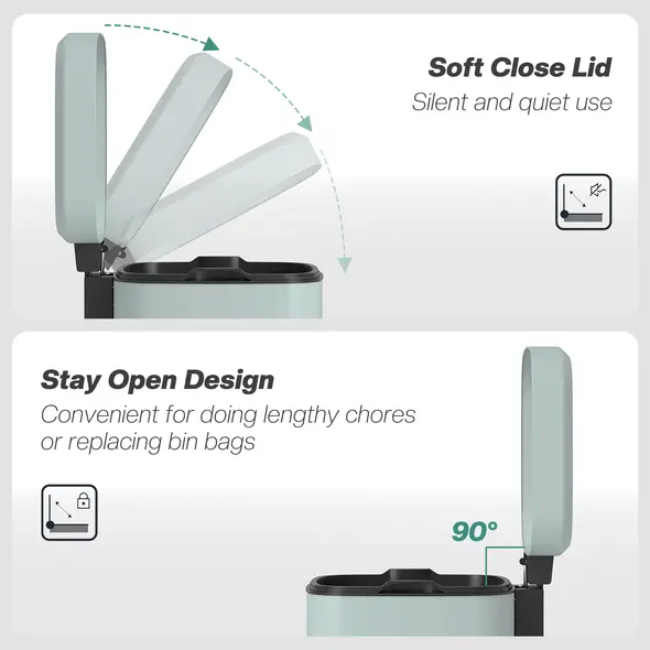 HOMCOM 12L Modern Boxy Metal Home Kitchen Bin - Light Green - 5