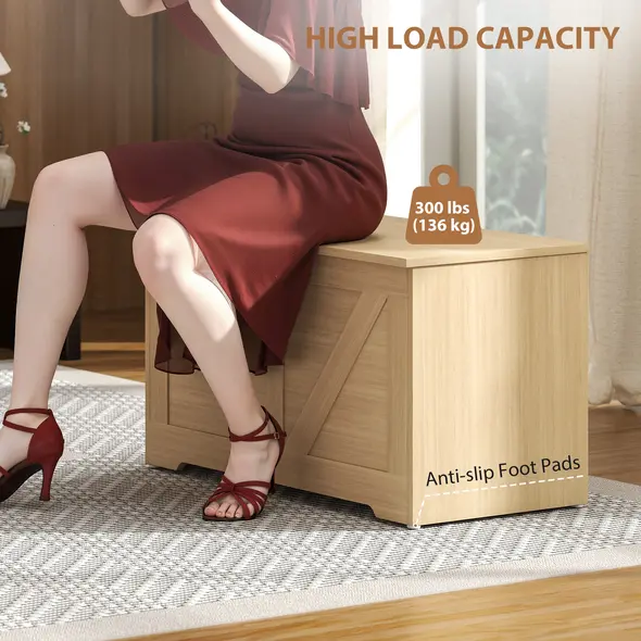 HOMCOM 100L Home Storage Box, with Safety Hinges - Natural Wood Finish - 7