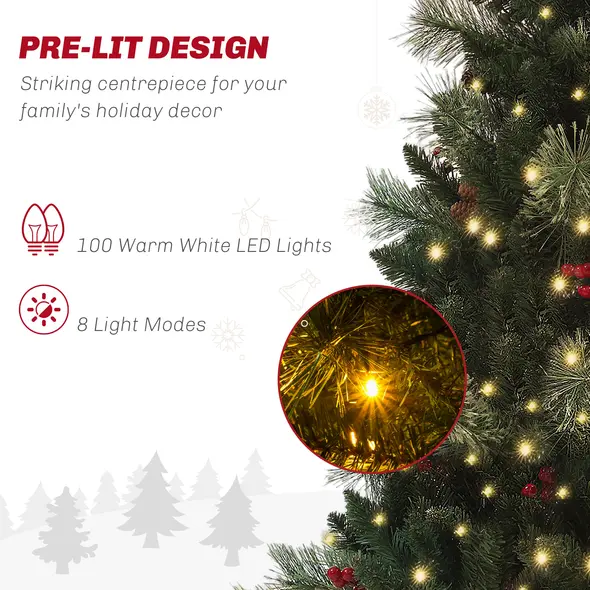 HOMCOM 1.2m/4ft Artificial Christmas Tree with 100 Warm White LED Lights and 8 Modes, Small Xmas Tree with Red Berries, Pine Cones and Retro Base, Green - 4