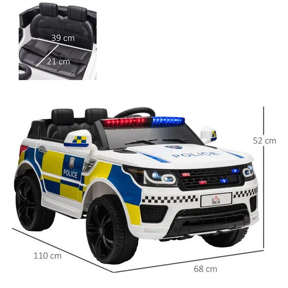 HOMCOM 12V Electric Car for Kids, Ride on Police Car with 2 Motors, Remote Control, Siren Flashing Lights, Suspension, USB, Auxiliary Wheels, Pull handle, for 3-6 Years, White - 3