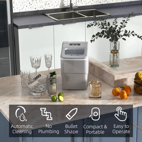 HOMCOM 12kg Countertop Ice Cube Machine, with Scoop - Silver-Tone - 4