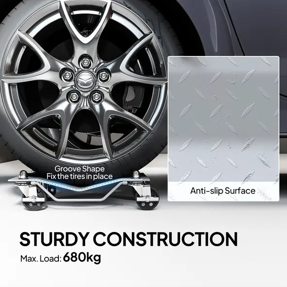 DURHAND Two-Piece Car Wheel Dolly with Swivel Casters, Non-Slip Metal Plates, 680kg Capacity, Grey - 4