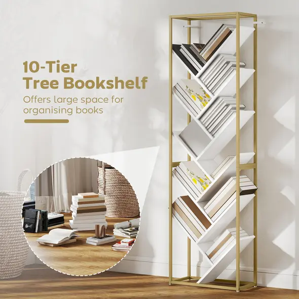 HOMCOM 10 Shelf Modern-Style Bookshelf - Gold Tone/White - 4