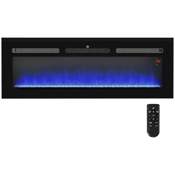 HOMCOM 127cm/50" Electric Fireplace, 2000W Recessed and Wall Mounted Electric Fire with Remote Control, 9 Flame Colour and Crystal, Black - 1