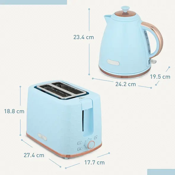 HOMCOM 1.7L 3000W Fast Boil Kettle & 2 Slice Toaster Set, Kettle and Toaster Set with Auto Shut Off, Browning Controls, Light Blue - 3
