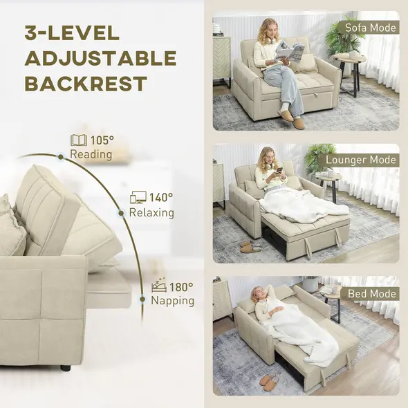 HOMCOM 2 Seater Sofa Bed, 3-in-1 Convertible Sleeper Sofa with Click-clack Adjustable Backrest and 2 Pillows, Light Brown - 5