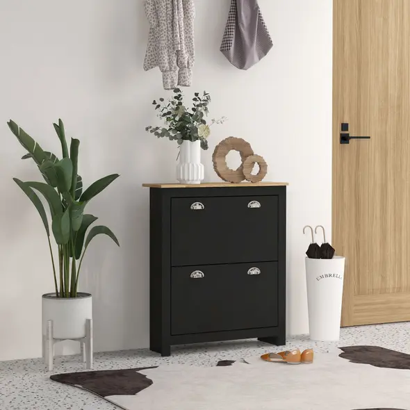 HOMCOM 2 Drawer Shoe Cabinet Modern Narrow Shoe Cupboard Hallway Wooden Storage Organiser with Flip Doors Adjustable Shelf for 6-12 Pairs, Black - 2