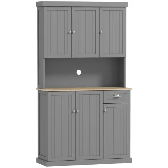 HOMCOM 180cm Freestanding Kitchen Cabinet, Modern Storage Cupboard with Open Countertop, Drawer and 6 Doors, Grey - 1