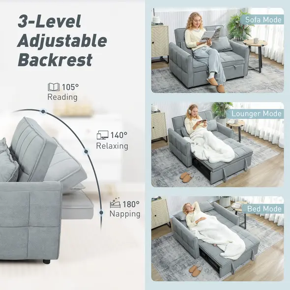 HOMCOM 2 Seater Sofa Bed, 3-in-1 Convertible Sleeper Sofa with Click-clack Adjustable Backrest and 2 Pillows, Grey - 5