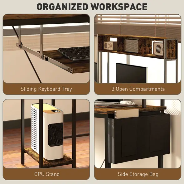 HOMCOM 160cm Reversible L Shaped Desk with Power Outlet, Industrial Corner Desk with Storage Shelves and Keyboard Tray, 240cm Long Computer Desk for 2 Person, Rustic Brown - 6