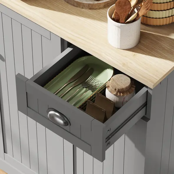 HOMCOM 180cm Freestanding Kitchen Cabinet, Modern Storage Cupboard with Open Countertop, Drawer and 6 Doors, Grey - 9