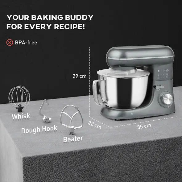 HOMCOM 1300W Kitchen Stand Mixer, with Accessories - Silver - 3