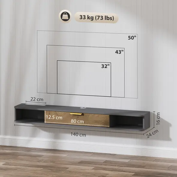 HOMCOM 140 cm Floating TV Stand with Storage - Charcoal Grey - 3