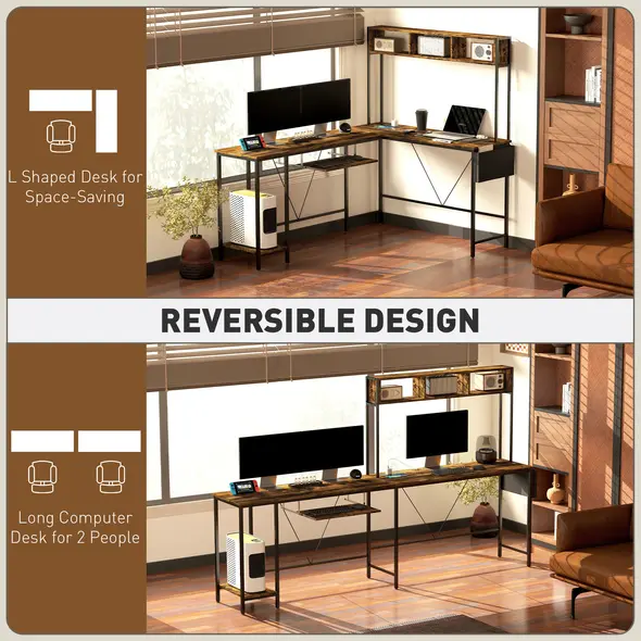 HOMCOM 160cm Reversible L Shaped Desk with Power Outlet, Industrial Corner Desk with Storage Shelves and Keyboard Tray, 240cm Long Computer Desk for 2 Person, Rustic Brown - 5