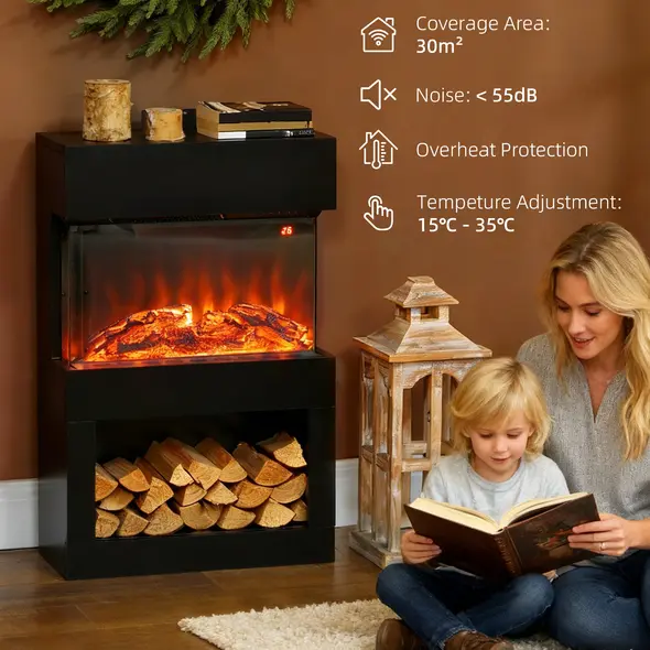 HOMCOM 19" Electric Fireplace with Surround, 3D Flame Effect, 6 Colours & 3 Brightness Levels, 1000W/2000W Black Electric Fire and Mantel Reach up to 30㎡ Space with Remote & Timer, 3 Sided View - 8