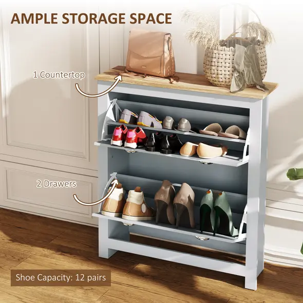 HOMCOM 2 Drawer Shoe Cabinet Modern Narrow Shoe Cupboard Hallway Wooden Storage Organiser with Flip Doors Adjustable Shelf for 6-12 Pairs, Grey - 4