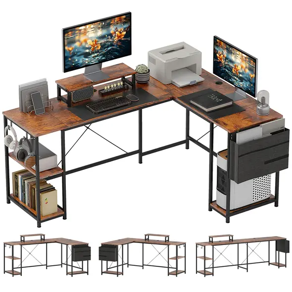 HOMCOM 168cm Reversible L Shaped Desk, Industrial Corner Computer Desk with Adjustable Shelf and Storage Bag, 240cm 2 Person PC Table with Monitor Stand, Rustic Brown - 1