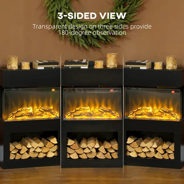 HOMCOM 19" Electric Fireplace with Surround, 3D Flame Effect, 6 Colours & 3 Brightness Levels, 1000W/2000W Black Electric Fire and Mantel Reach up to 30㎡ Space with Remote & Timer, 3 Sided View - 5