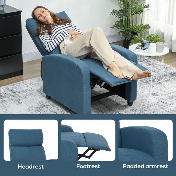 HOMCOM 135° Push Back Recliner Armchair, with Footrest - Blue - 6