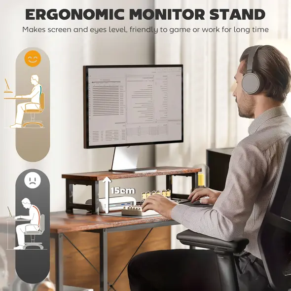 HOMCOM 168cm Reversible L Shaped Desk, Industrial Corner Computer Desk with Adjustable Shelf and Storage Bag, 240cm 2 Person PC Table with Monitor Stand, Rustic Brown - 6