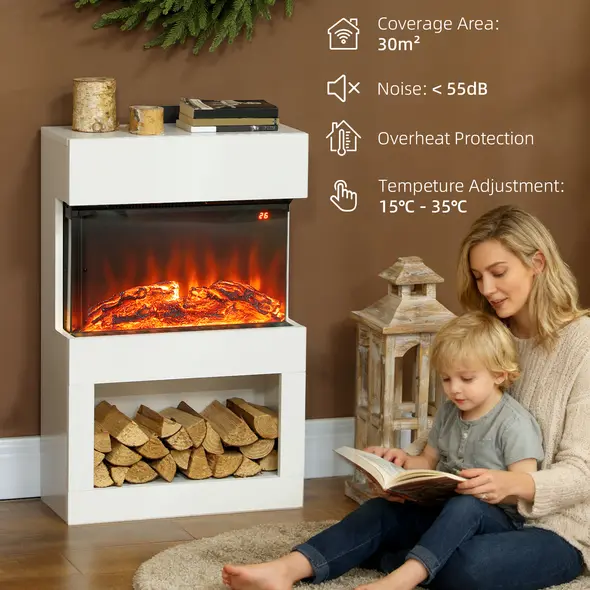 HOMCOM 19" Electric Fireplace with Surround, 3D Flame Effect, 6 Colours & 3 Brightness Levels, 1000W/2000W White Electric Fire and Mantel Reach up to 30㎡ Space with Remote & Timer, 3 Sided View - 8