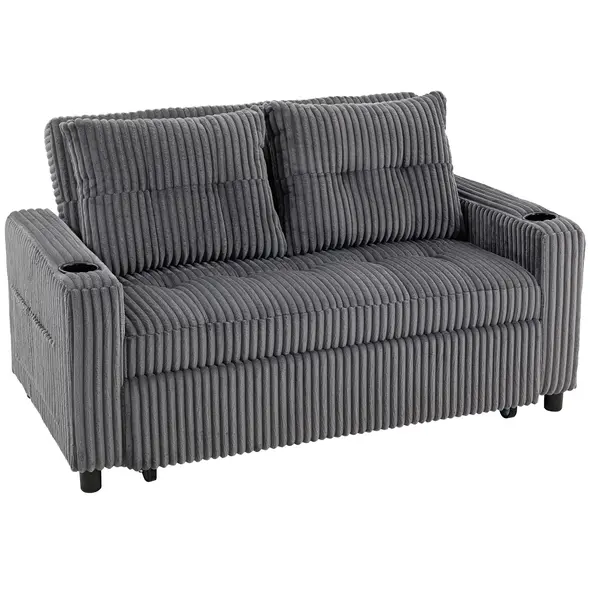 HOMCOM 2 Seater Click Clack Sofa Bed with Pull Out Design, Corduroy Upholstery - Charcoal Grey - 1