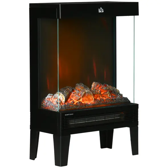 HOMCOM 180° Charming Electric Fireplace Heater, Quiet Freestanding Stove with LED Flame Effect, 3-Sided Tempered Glass Panels, Level-less Temperature Control, Overheat Protection, 1000W/2000W, Black - 1