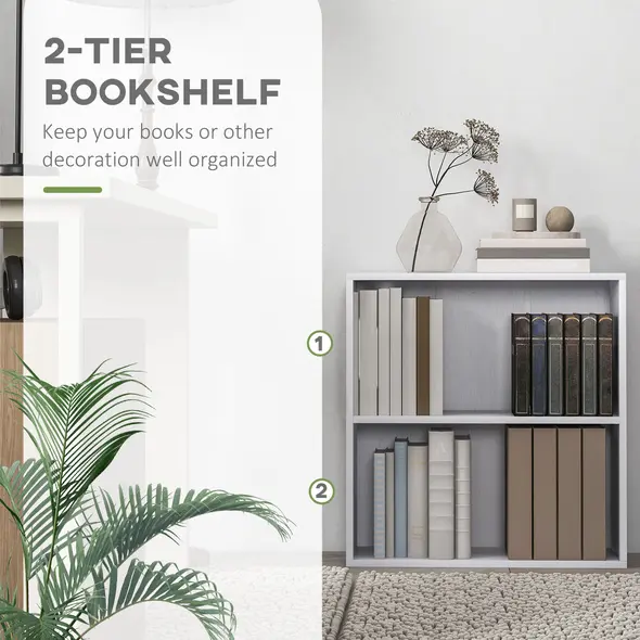 HOMCOM 2 Tier Bookshelf, Low Bookcase with Adjustable Shelf, 2 Compartments for Home Office, Living Room, Study, White - 5