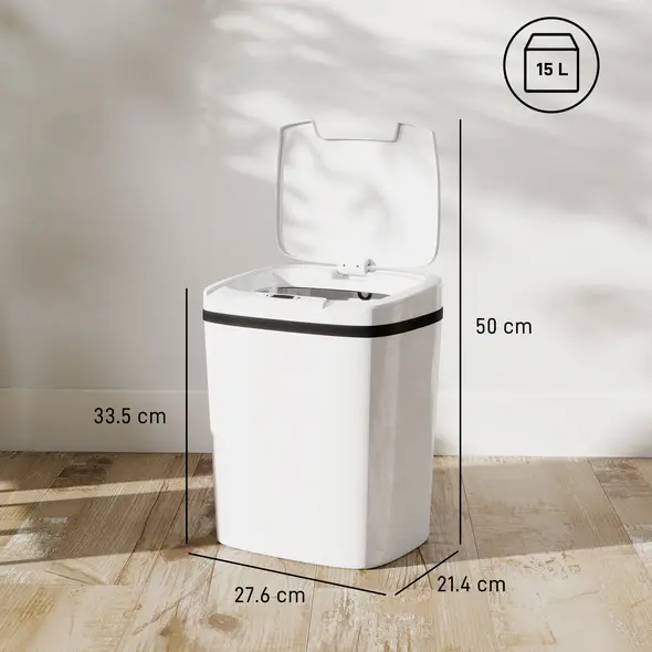 HOMCOM 15L Sensor Bin, Automatic Touchless Kitchen Bin, Easy Clean, Battery Operated for Home Office, Bedroom, Bathroom, White - 3