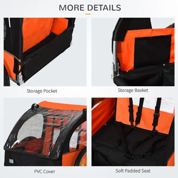 HOMCOM 2 Seat Bike Trailer Bicycle wagon for Kids Child Steel Frame Safety Harness Seat Carrier Orange Black 130 x 76 x 88 cm - 6