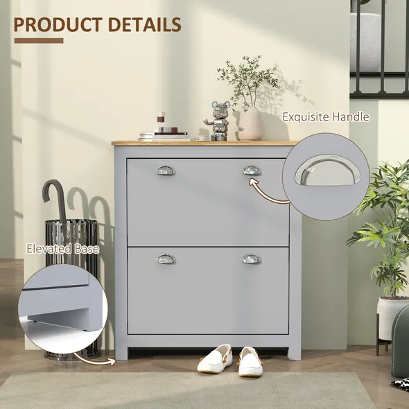 HOMCOM 2 Drawer Shoe Cabinet Modern Narrow Shoe Cupboard Hallway Wooden Storage Organiser with Flip Doors Adjustable Shelf for 6-12 Pairs, Grey - 6