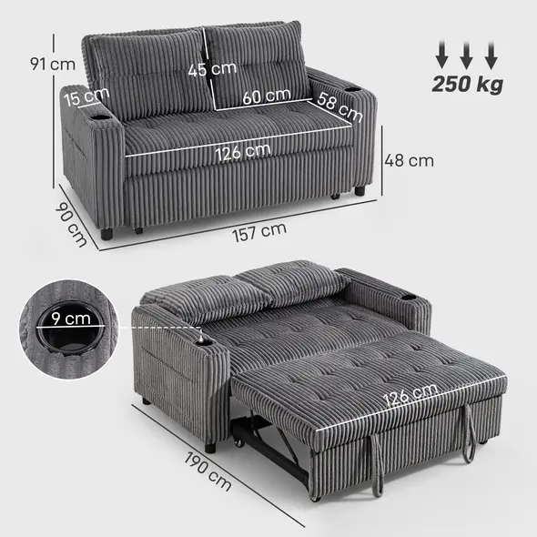 HOMCOM 2 Seater Click Clack Sofa Bed with Pull Out Design, Corduroy Upholstery - Charcoal Grey - 3