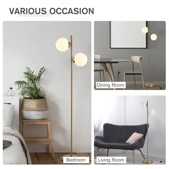 HOMCOM 2 Lights Tree Floor Lamp for Living Room with Globe Lampshade, Standing Lamp for Bedroom, Bulb not Included, Gold Tone - 5