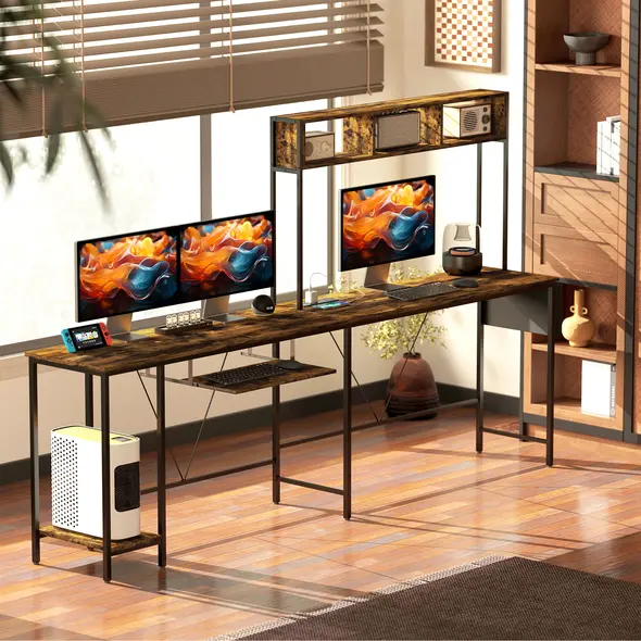 HOMCOM 160cm Reversible L Shaped Desk with Power Outlet, Industrial Corner Desk with Storage Shelves and Keyboard Tray, 240cm Long Computer Desk for 2 Person, Rustic Brown - 8