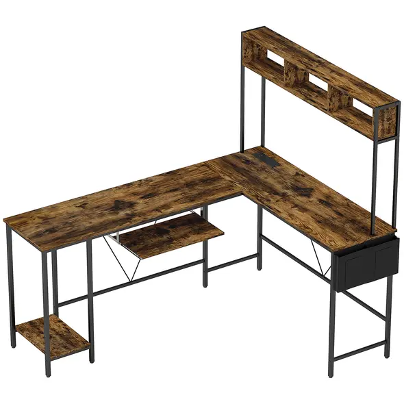 HOMCOM 160cm Reversible L Shaped Desk with Power Outlet, Industrial Corner Desk with Storage Shelves and Keyboard Tray, 240cm Long Computer Desk for 2 Person, Rustic Brown - 1