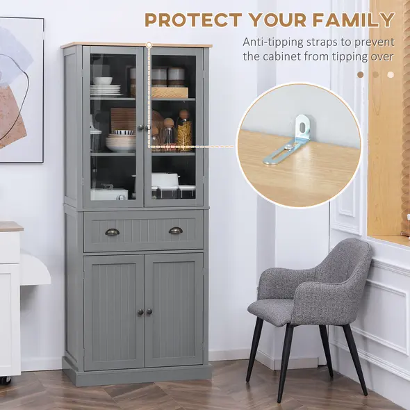 HOMCOM 180cm Tall Kitchen Pantry Cupboard, Freestanding Storage Cabinet with 5 Tier, Adjustable Shelves,  Drawer, Grey - 7